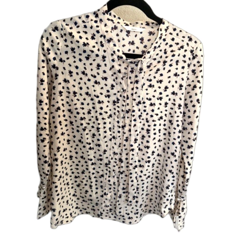 Roem Floral Blouse Tie Neck Long Sleeve Cream Blue Top Medium
